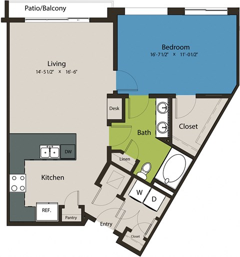 Floor plan for 1 bed, 1 bath, 857 sqft